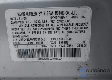 2010 Infiniti G37X z USA, uszkodzony, nr VIN JN1CV6AR0AM250043